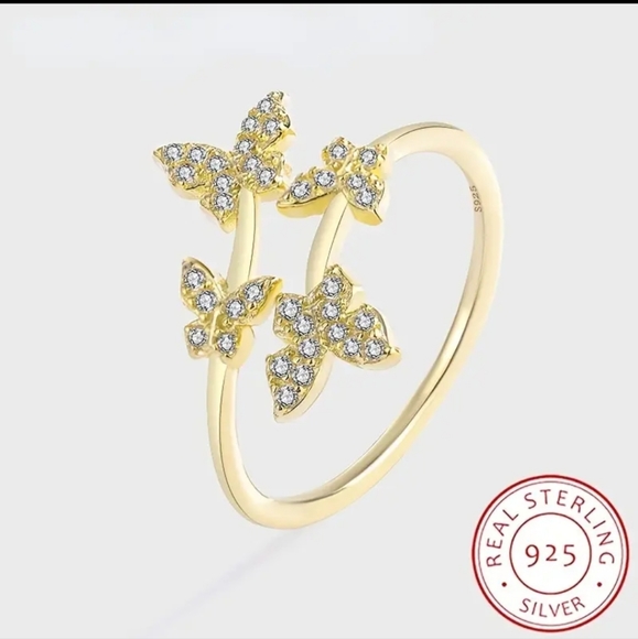 925 Sterling Silver Butterfly Open Adjustable Golden Plated Ring. - Picture 2 of 6